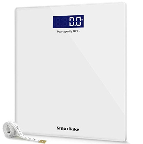 Weight Scale, SmarTake Precision Digital Body Bathroom Scale with Step-On Technology, 6mm Tempered Glass Easy Read Backlit LCD Display, Body Tape Measure Included, 400 Pounds, White