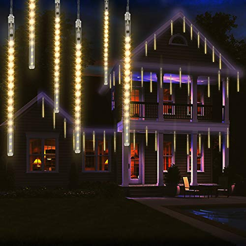 OMGAI 30cm 8 Tubes Meteor Shower Rain Lights - 144 LED Drop/Icicle Snow Falling Raindrop Cascading Lights for Wedding Party Christmas - WarmWhite