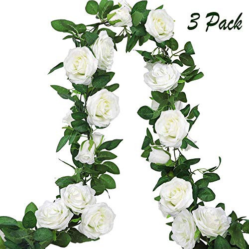 AGEOMET 3pcs 19.5ft Artificial Rose Vine Fake Silk Rose Hanging Vine Flowers Garland for Outdoor Wedding Arch Garden Wall Decor (White)