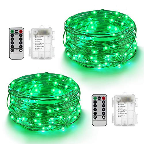 YIHONG Green St. Patrick's Day Fairy String Lights, 2 Pack 16ft Battery Operated Twinkle Lights with Remote,50Leds Firefly Lights for Irish Party Decor St Patricks Decoration