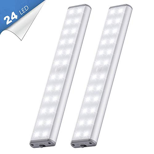 24 LED 2020 Upgraded Cool White Cupboard Lights Motion Sensor Indoor Wireless USB Rechargeable Battery with Magnetic Strips for Closet/Wardrobe/Stairs/Wall (2 Pack)