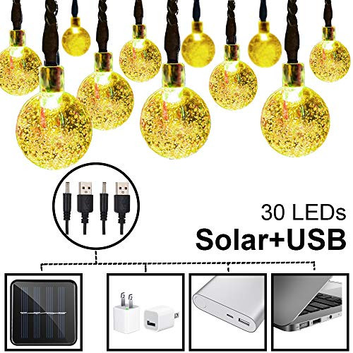 Hann Dual Powered - Solar + USB Plug in - String Lights, 20ft 30 LEDs Crystal Ball Waterproof Outdoor String Lights Solar Powered Globe Fairy String Lights for Garden, Patio, Yard (1)