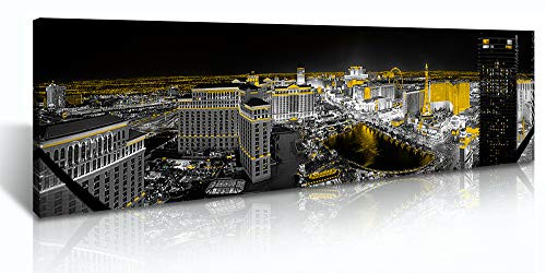 Las Vegas Skyline Wall Art for Living Room Decor Canvas Painting Print - NV City Sign Yellow Light Black and White Cityscape Modern City Building Picture Poster Framed Artwork Office Home Decoration