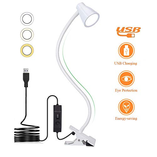 Clip on Reading Light Adjustable Clamp Desk Lamp LED USB Book Clip Light with 3 Color Modes, Mini Table Lamp 360 ° Gooseneck Flexible Eye-Care Clamp Light for Bed Reading, Studying,White