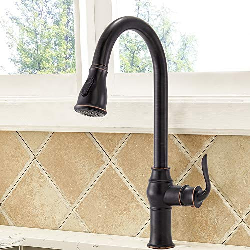 Comllen Best Single Handle Solid Brass Pull Out Sprayer Oil Rubbed Bronze Kitchen Faucet, Sturdy and Durable Bronze Kitchen Sink Faucet Without Deck Plate