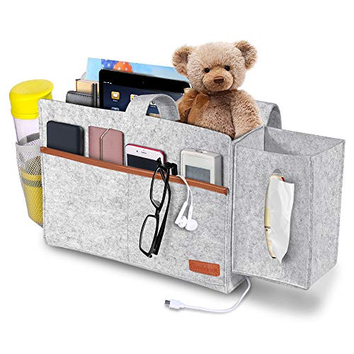 SIMBOOM Bedside Organizer, Felt Bed Storage Caddy with Tissue Box and Water Bottle Holder, Magazine Phone Tablet iPad Remote Holder for Home College Dorm Bed Rails, Sofa, Bunk Beds - Light Grey