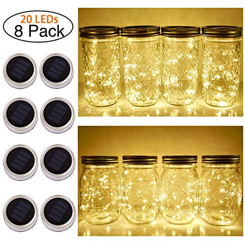 Solar Mason Jar Lid String Lights, 8 Pack 20 Led String Fairy Star Firefly Jar Lids Lights (Jars Not Included), for Mason Jar Patio Garden Wedding Lantern Table Decoration? No Hangers (Warm Wite)