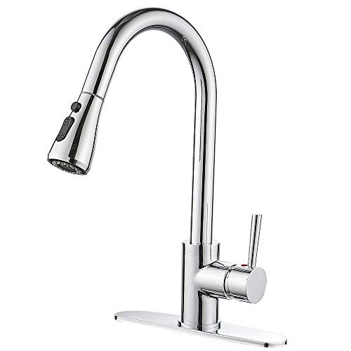 Kitchen Sink Faucet with Pull down Sprayer Chrome, Single Handle High Arc Pull out Kitchen Faucets, Single Level Solid Brass Bar Kitchen Faucet with Deck Plate