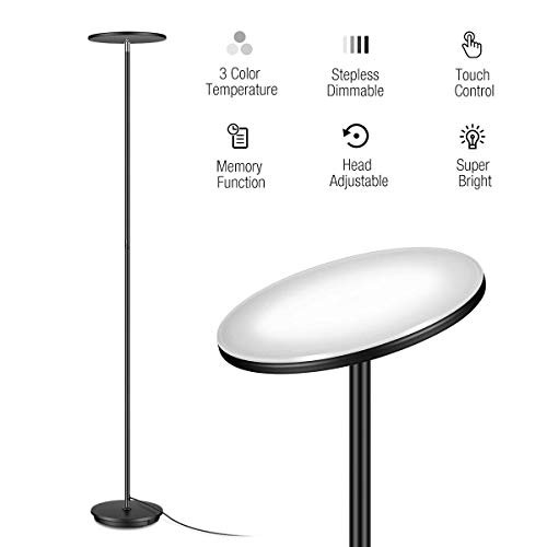 IESTARING LED Torchiere Floor Lamp for Bedroom - Tall Standing Uplight Industrial Floor Lamps for Living Rooms, Offices- 3 Color Temperature From Warm to Cool White, Dimmable Modern Pole Light (Black)
