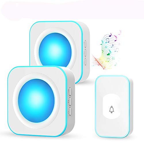 Wireless Door Bell, IP55 Waterproof Doorbell Operating at 1000 Feet, Colourful LED Indicators Door Chime Kit with Two Plug-in Receivers, 36 Chimes, 4 Volume Levels, Touch Button Doorbell for Home