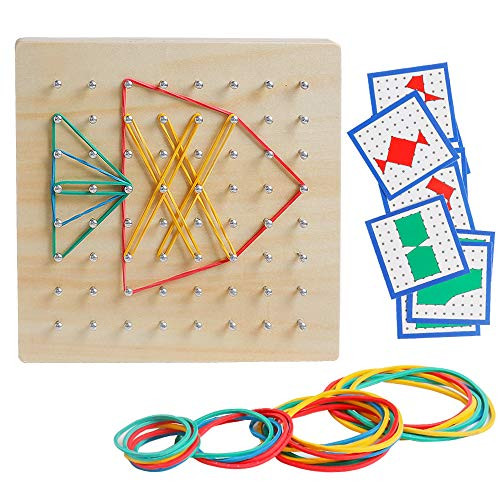 kizh Wooden Geoboard Mathematical Manipulative Material Graphical Educational Toys Array Block Geo Board Pattern Cards and Rubber Bands STEM Puzzle Matrix 8x8 Brain Teaser Toys