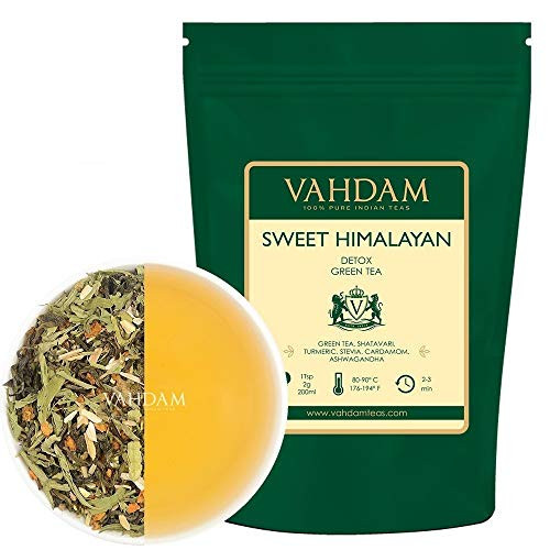 VAHDAM, Sweet Himalayan Detox Green Tea Loose Leaf (100 Cups) |100% NATURAL DETOX TEA | Green Tea Leaves,Stevia, Turmeric,Shatavari,Cardamom,Ashwagandha |Brew as Hot Tea or Iced Tea |3.53oz (Set of 2)