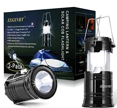 COB Lantern, Camping Solar Lanterns, SXGINBT 2-Pack Lantern Flashlights with Input/Output Port, USB Rechargeable Emergency Lighting for Hurricane/Earthquake/Power Outage