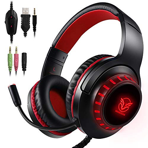 Stereo Gaming Headset for PS4 Xbox One Controller, SENHAI Noise Cancelling Over Ear Headphones with Mic, LED Light, Bass Surround, Soft Memory Earmuffs Compatible for PC Laptop Mac Switch
