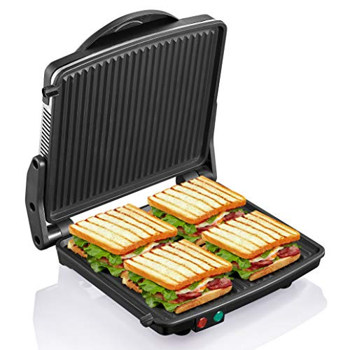Panini Press Grill, Yabano Gourmet Sandwich Maker Non-Stick Coated Plates 11" x 9.8", Opens 180 Degrees to Fit Any Type or Size of Food, Stainless Steel Surface and Removable Drip Tray, 4 Slice Panini Press Grill, Yabano Gourmet Sandwich Maker Non-Stick Coated Plates 11" x 9.8", Opens 180 Degrees to Fit Any Type or Size of Food, Stainless Steel Surface and Removable Drip Tray, 4 Slice