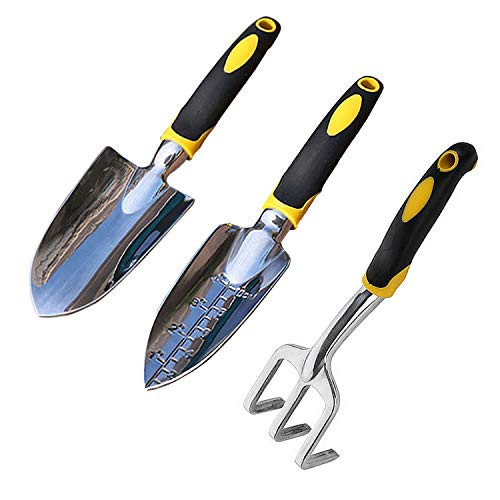 SuperThinker Garden Tool Set, 3 Piece Cast-Aluminum Heavy Duty Gardening Kit Includes Hand Trowel, Transplant Trowel and Cultivator Hand Rake with Soft Non-Slip Ergonomic Handle, Garden Gifts