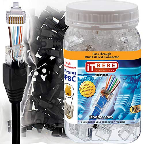 ITBEBE 100 Sets Gold Plated RJ45 Cat5 Cat5e Pass Through connectors and Black Strain Relief Boots for 8P8C UTP Passthrough cat5e Network Insert ethernet Plug for Unshielded Twisted Pair Cables