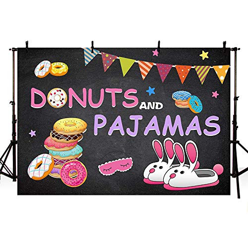 MEHOFOTO Donuts and Pajamas Party Decorations Photo Studio Booth Background Banner Colorful Donuts Pajama Girls Birthday Sleepover Stars Black Backdrops Props for Photography 7x5ft