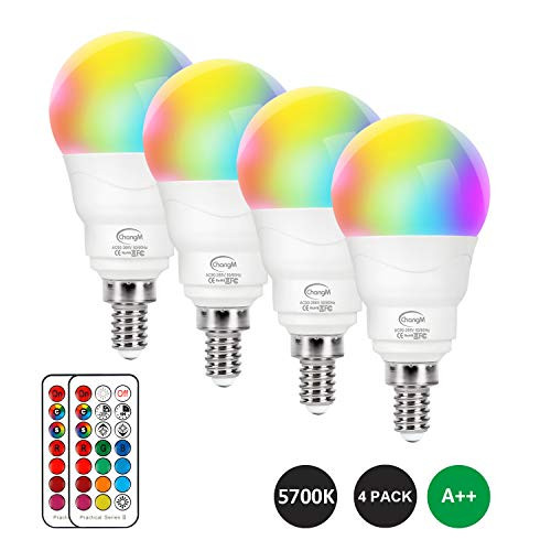 E12 LED Light Bulbs 5W, 40W Equivalent, Small Base Round Candelabra Light Bulbs, Set of 4 LED Color Changing Light Bulbs, Dimmable Color LED Bulb with Remote Control RGB Cool White 5700K
