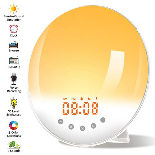 Wake Up Light, Alarm Clock with Recording Function Sunrise/Sunset Simulation Bedside Lamp with FM Radio 30 Adjustable Brightness 8 Natural Sounds 7 Colors for Christmas Gift