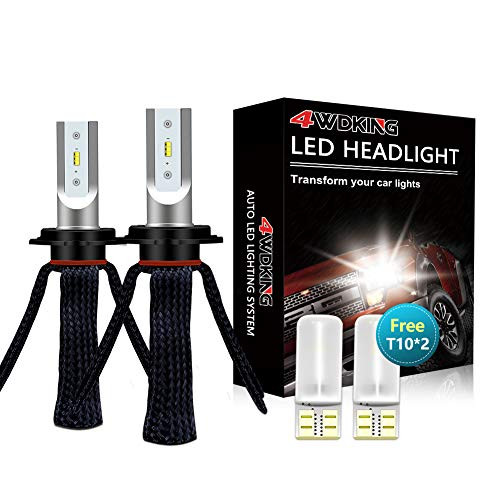 LED Headlight Bulbs Conversion Kit - 4WDKING H7 Fanless Copper Braid Heat Dissipation Super Bright Low Beam 60W 8000LM 6500K Cool White High Beam with T10 x2