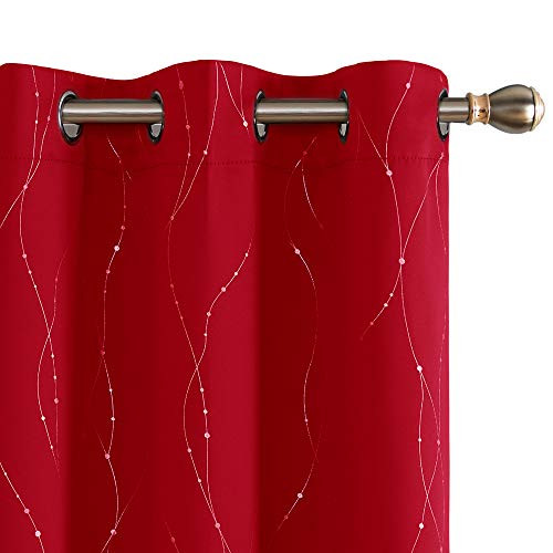Deconovo Red Blackout Curtains Grommet Drapes Wave Line with Dots Printed Window Curtain Panels for Bedroom Red 38W x 36L Inch Set of 2