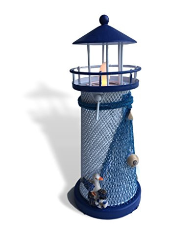 Light House Candle Holder - Blue and White Nautical Style Lighthouse with a White Flameless Tealight - Beach Decor