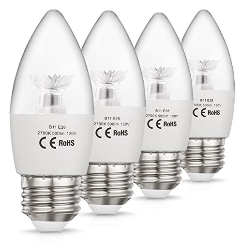 CPLA LED Chandelier Bulbs, 60W Equivalent, 2700K Warm White LED Candelabra Light Bulbs with Medium Screw Base (E26), Decorative Candle Light Bulbs for Ceiling Fan Chandelier , Pack of 4