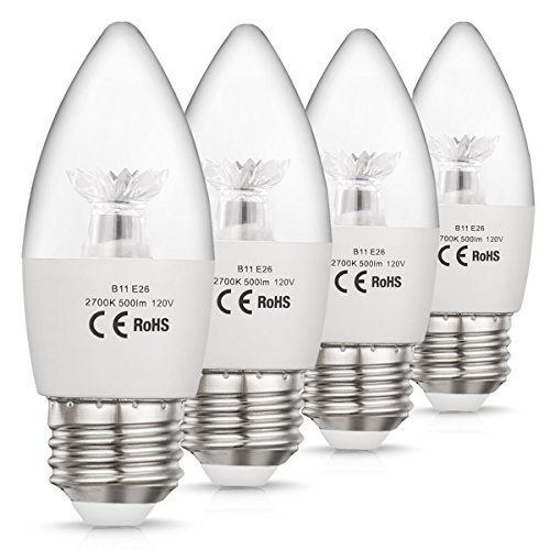 CPLA LED Chandelier Bulbs, 60W Equivalent, 2700K Warm White LED Candelabra Light Bulbs with Medium Screw Base (E26), Decorative Candle Light Bulbs for Ceiling Fan Chandelier , Pack of 4