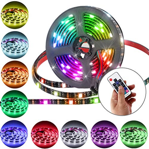 LED Strip Lights Battery Powered With RF Remote Controller, 6.56ft 2m RGB Flexible LED Light Strips for TV Backlight, USB Operated Color Changing Rope Light for Home and DIY Decoration (Black Strip)