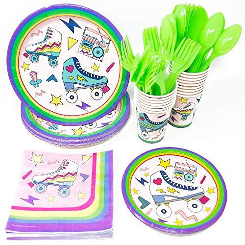 Roller Skating Party Supplies (113+ Pieces for 16 Guests), Retro Party Plates, Birthday Decorations, Napkins, Cups, Forks, Spoons, Party Tableware