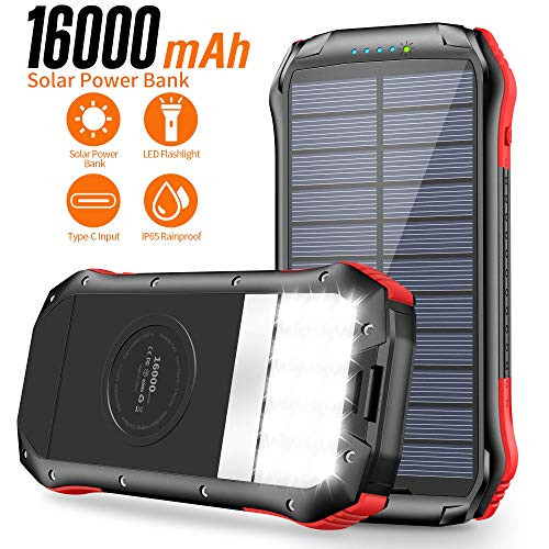 Solar Charger, Portable Charger 16000mAh, Solar Power Bank External Backup Battery USB Type-C Ports, Waterproof Solar Phone Charger Panel Charging for Smartphones, 15 LED Flashlights for Outdoor