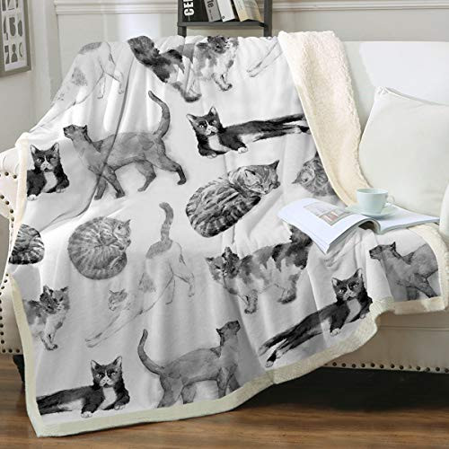 Sleepwish Cat Fleece Throw Blanket Girls Kids Cute Animals Pet Sherpa Blanket for Bed Couch Chair Super Soft Warm and Comfy Cat Lover Gifts,Watercolor Vintage Black White Cats, Throw (50" X 60")