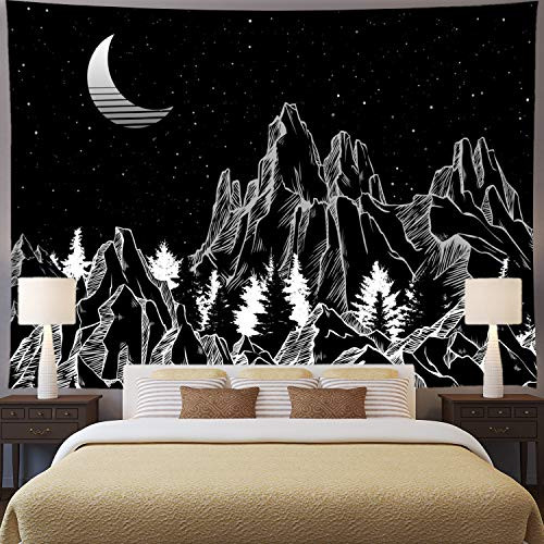 Mountain Tapestry Moon Tapestry Forest Trees Tapestry Starry Night Sky Tapestry Black and White Nature Landscape Tapestry Wall Hanging for Living Room (XL/70.8"×92.5", Black Mountain)