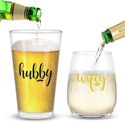 Wifey and Hubby Wine Glass and Beer Glass Novelty Gift Set for Engagement Newlywed Wedding Anniversary Bridal Shower Valentine's Day