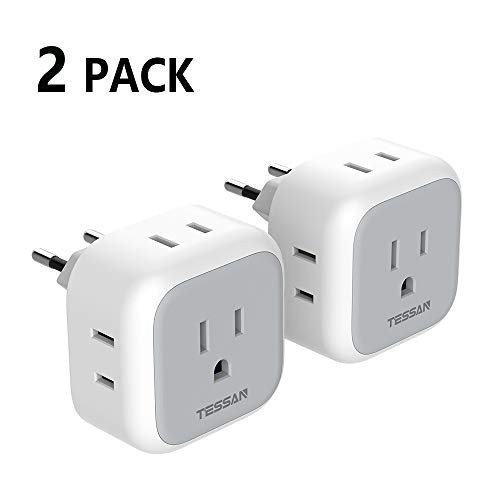 European Plug Adapter, TESSAN International Travel Outlet Adaptor Charger with 4 AC Outlets, Power Plug for US to Most of Europe EU Spain Iceland Italy France Germany Greece(Type C, 2 Pack)