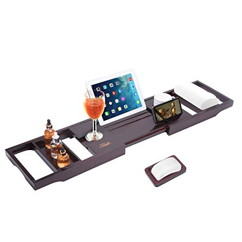 SIMATH Luxury Bathtub Tray Caddy - Bamboo Adjustable Bath Tray with Wine and Book Holder, Free Soap Dish (Brown) SIMATH Luxury Bathtub Tray Caddy - Bamboo Adjustable Bath Tray with Wine and Book Holder, Free Soap Dish (Brown)
