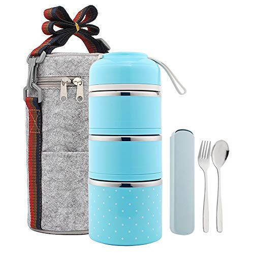 TiLeMiun 3 Layer Stackable Bento Lunch Box, Insulated Stainless Steel Compartment Lunch Container with Lunch Bag and Cutlerly BPA-Free (Blue)