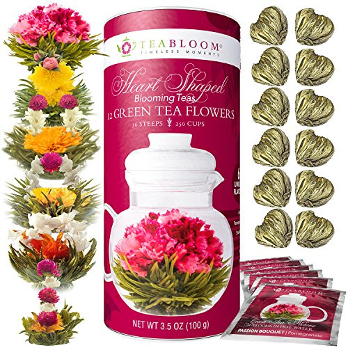 Teabloom Heart Shaped Flowering Tea  12 Assorted Blooming Tea Flowers  Green Tea + Jasmine, Pomegranate, Strawberry, Rose, Litchi & Peach  Gift For Tea Lovers, Anniversary, Valentine, Birthday