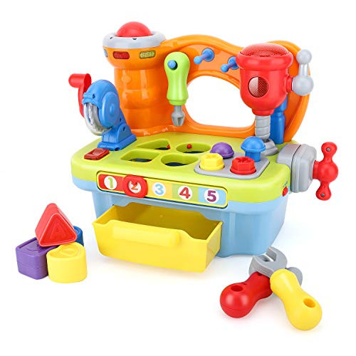 Zooawa Workbench Toy Kits, Multifunctional Workbench Toy with Tools Musical Learning Workbench Tool Kits with Sound and Lights & Shape Sorter Tools Educational Workbench Toy Set for Kids, Colorful