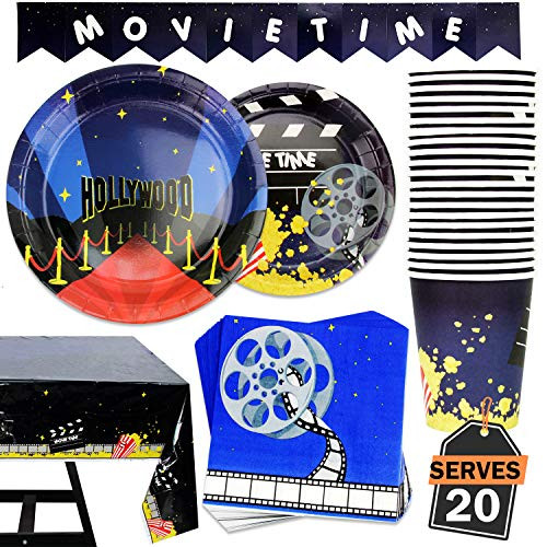 82 Piece Movie Night/Red Carpet Theme Party Supplies Set Including Banner, Plates, Cups, Napkins, and Tablecloth, Serves 20