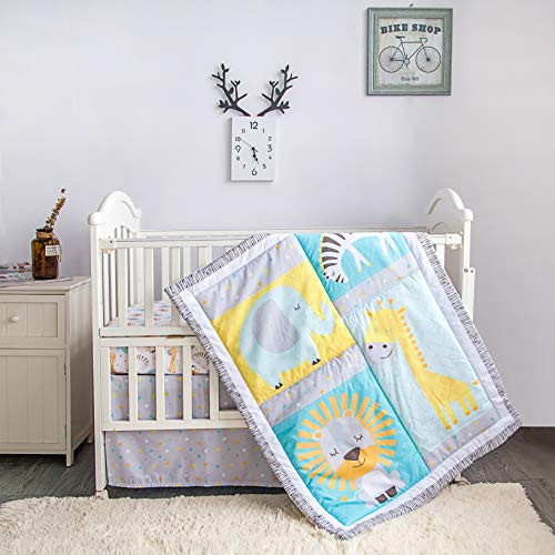 La Premura Safari Baby Nursery Crib Bedding Sets  Giraffes, Zebra, Elephants, Lions 3 Piece Standard Size Crib Set in Yellow, Turquoise & Gray