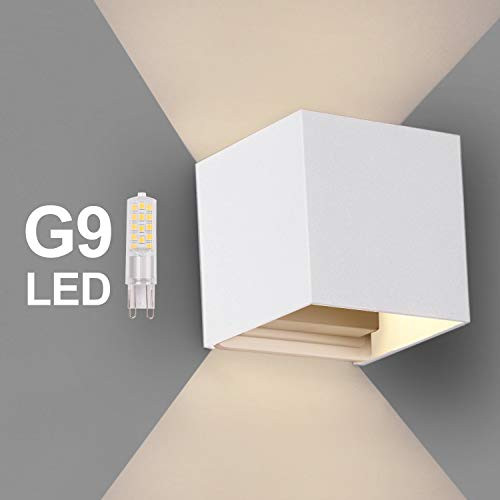 OOWOLF IP65 G9 Replaceable Bulb LED Wall Light Up and Down Square Wall Lamp Modern Aluminum Warm White 3000K for Outdoor Entrance Living Room Bedroom Kitchen