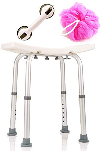 DR. MAYA Adjustable Bath and Shower Chair with Free Suction Assist Shower Handle Large White Anti-Slip Bench Bathtub Stool Seat with Aluminum Legs (Shower Chair)