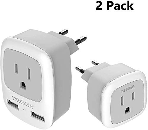 European Travel Plug Adapter, TESSAN International Power Outlet with 2 USB, Come with Compact European Charger Adaptor - US to Most of Europe EU Israel Spain Iceland Germany France Italy (Type C)