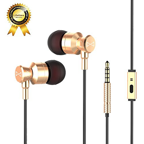 Marsno M1 Wired Metal In Ear Headphones, Noise Isolating Stereo Bass Earphones With Mic&#xFF0C;Dynamic Drivers Earbuds Provide Stereo & Crystal Clear Sound (Gold)