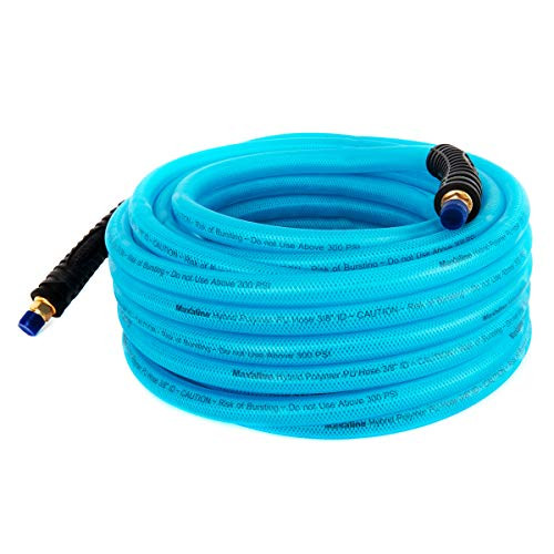 Maxaline Air Compressor Hose 3/8X50FT Hybrid Rubber& Polymer PU/PVC 300 PSI with 1/4" MNPT Brass Ends and Bend Restrictor air Hose Blue Maxaline Air Compressor Hose 3/8X50FT Hybrid Rubber& Polymer PU/PVC 300 PSI with 1/4" MNPT Brass Ends and Bend Restrictor air Hose Blue