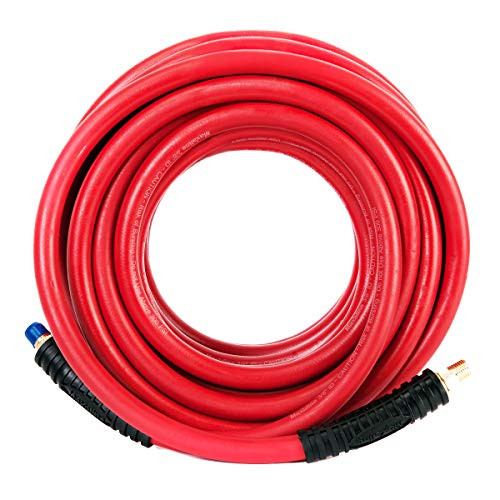Maxaline 3/8 inch x 50 ft Rubber Air Hose Red 300 PSI with 1/4 in. MNPT Brass Ends Maxaline 3/8 inch x 50 ft Rubber Air Hose Red 300 PSI with 1/4 in. MNPT Brass Ends
