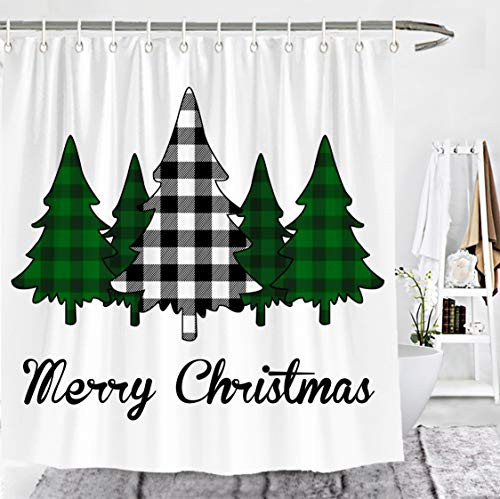 Wencal Merry Christmas Buffalo Check Plaid Trees Shower Curtain Farmhouse Bathroom Decor with Hooks Black White - 72 x72 Inches Wencal Merry Christmas Buffalo Check Plaid Trees Shower Curtain Farmhouse Bathroom Decor with Hooks Black White - 72 x72 Inches