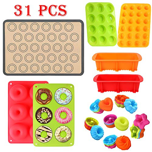 Silicone Baking Set, 31PCS Nonstick Silicone Bakware Set with Donut Pans,Silicone Muffin Pan, Bread Loaf Mold,Cupcake Shape Baking Molds, Macaron Cookie Sheet Baking Mats for Bake Lovers & Beginner